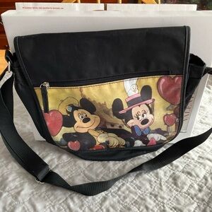 DISNEY 2012 Mickey Minnie messenger style bag w/glittery hearts and long strap.